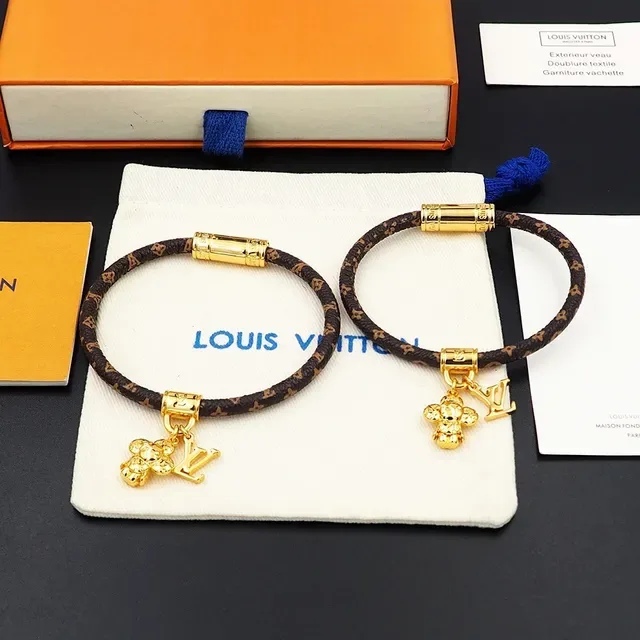 Louis Vuitton Monogram Cord Bracelet Brown Gold Braided Cylindrical Clasp Bracelet 10