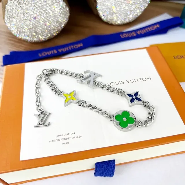 Louis Vuitton Monogram Flower Charm Silver Multicolor Curb Chain Enamel Floral Charms Bracelet 8