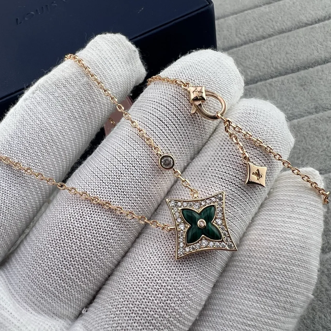 Louis Vuitton Monogram Flower Gold Green Chain Square Pendant Necklace 4