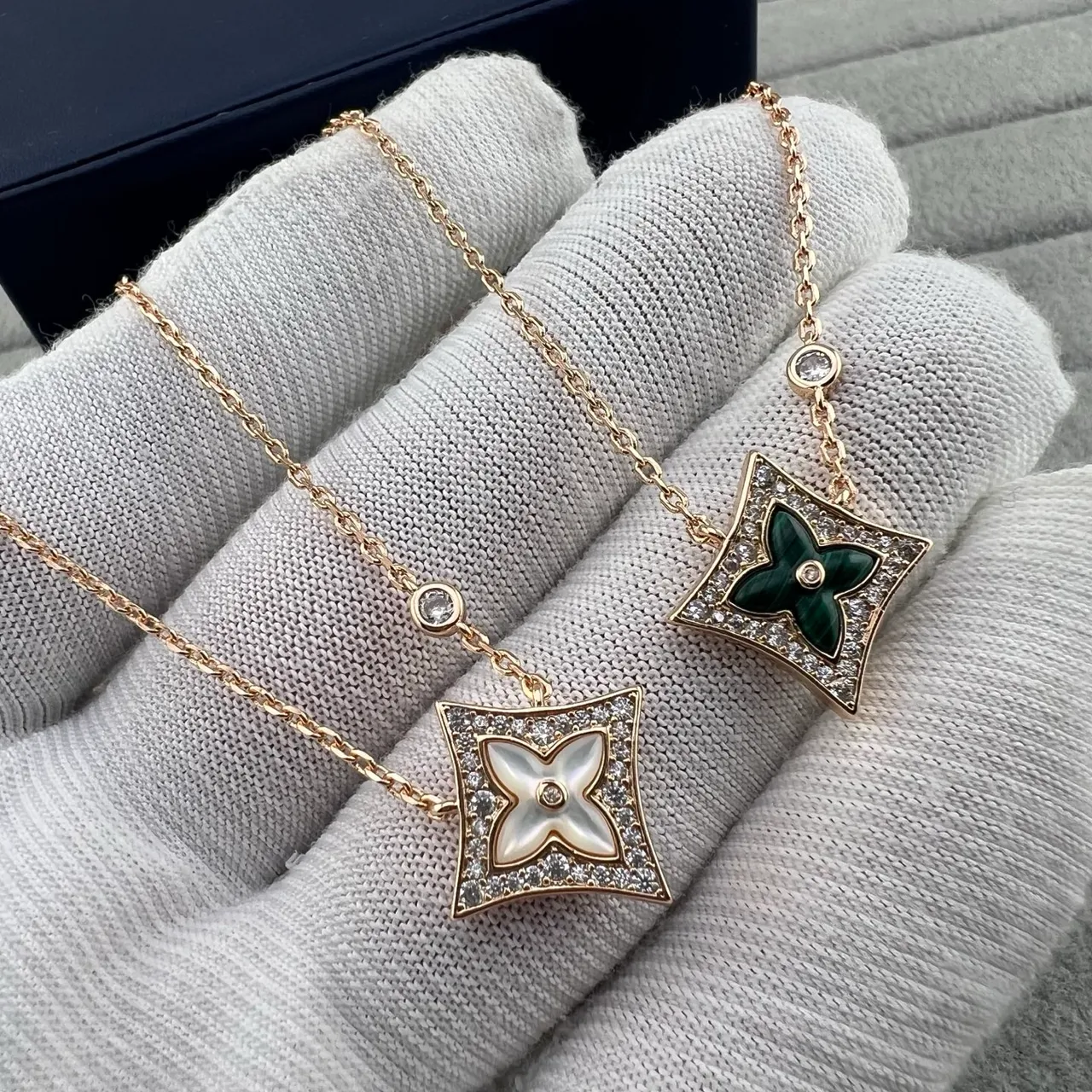 Louis Vuitton Monogram Flower Gold Green Chain Square Pendant Necklace 6