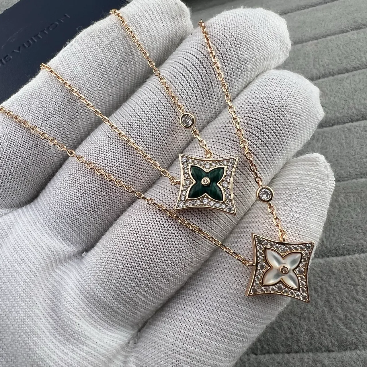 Louis Vuitton Monogram Flower Gold Green Chain Square Pendant Necklace 7