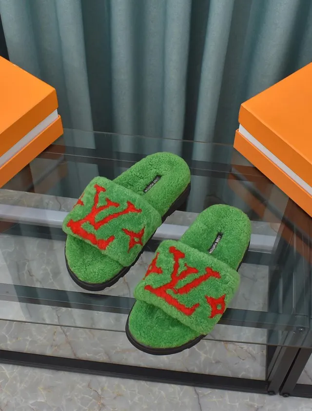 Louis Vuitton Monogram Furry Slides Green Red Plush Slippers 2