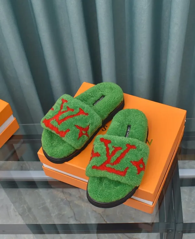 Louis Vuitton Monogram Furry Slides Green Red Plush Slippers 3
