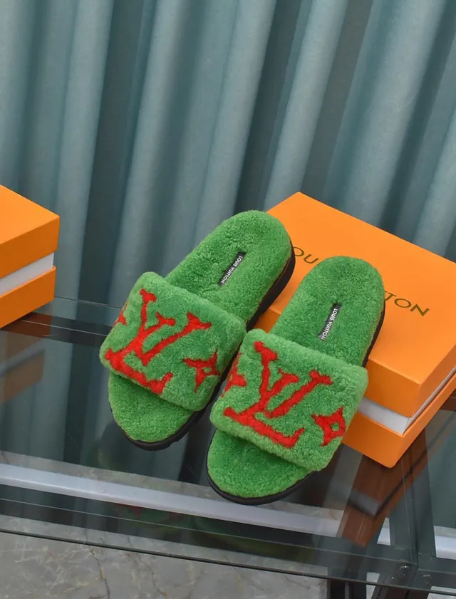 Louis Vuitton Monogram Furry Slides Green Red Plush Slippers 4
