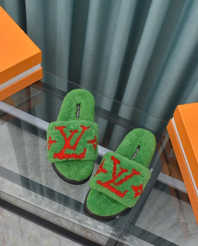 Louis Vuitton Monogram Furry Slides Green Red Plush Slippers 5