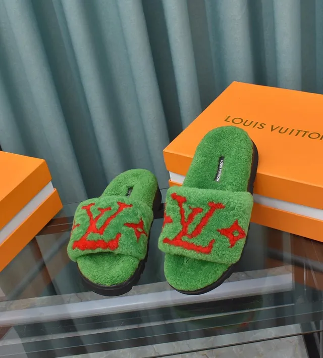 Louis Vuitton Monogram Furry Slides Green Red Plush Slippers 7