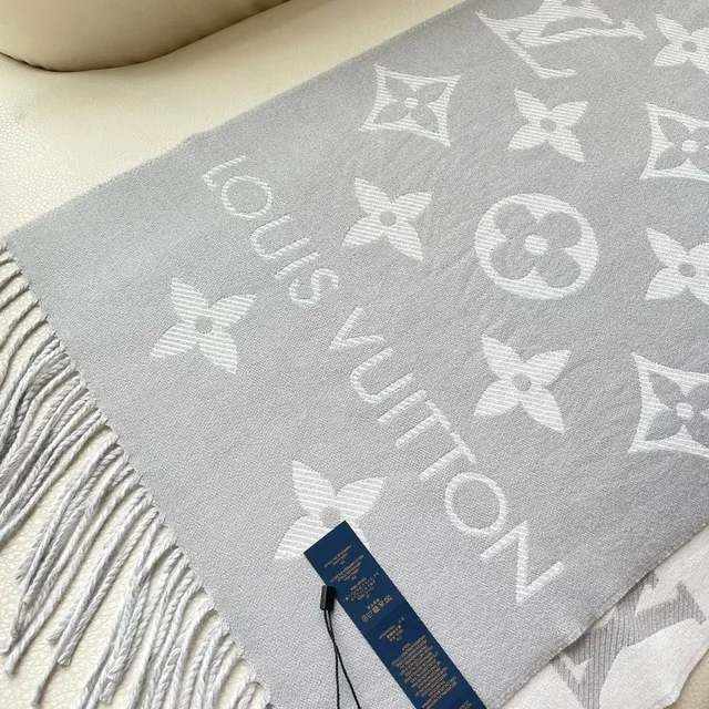 Louis Vuitton Monogram Cinza Branco Franzido Cashmere Cachecol 2
