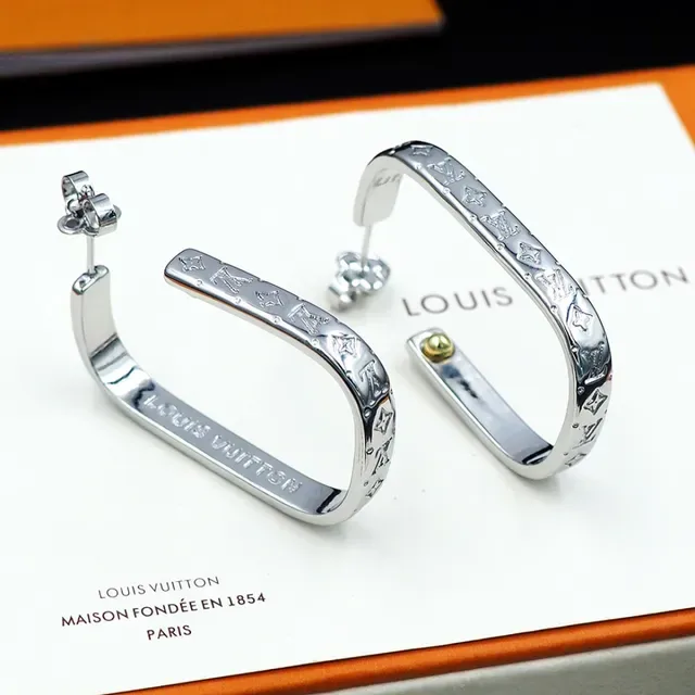 Louis Vuitton Monogram Hoop Silver Gold Hinged Earrings 4