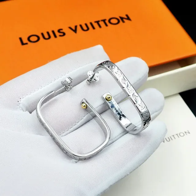 Louis Vuitton Monogram Hoop Silver Gold Hinged Earrings 8
