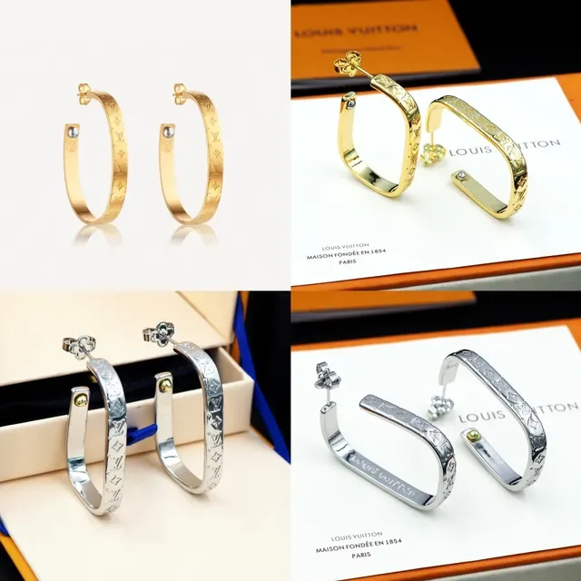 Louis Vuitton Monogram Hoop Silver Gold Hinged Earrings 14
