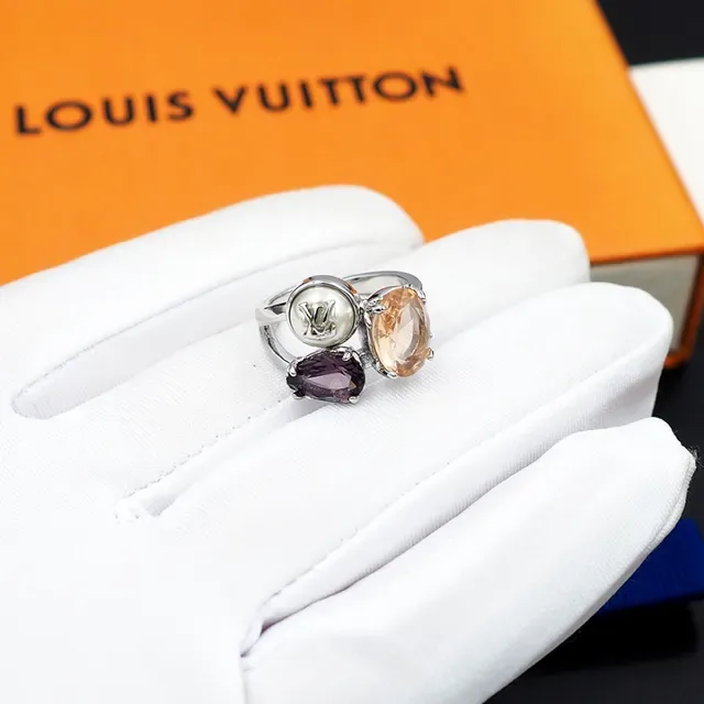 Louis Vuitton Monogram Joalheria Dourado/Prata Anel Três Pedras LV Cabochon 3