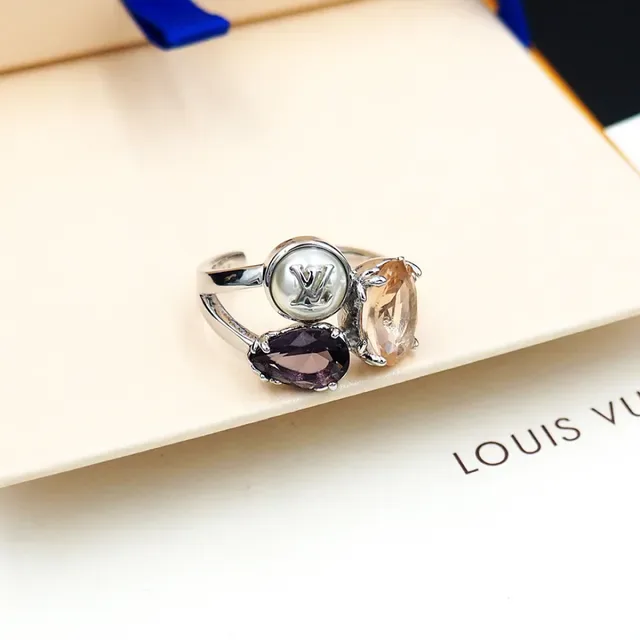 Louis Vuitton Monogram Joalheria Dourado/Prata Anel Três Pedras LV Cabochon 6