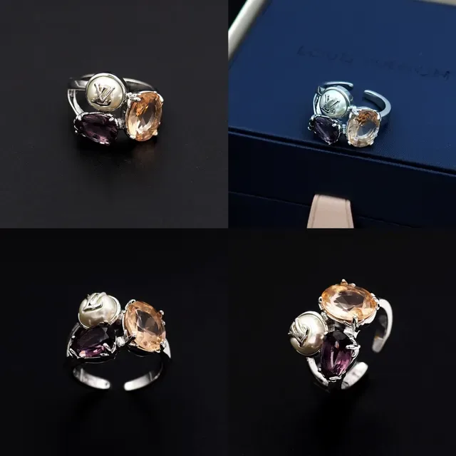 Louis Vuitton Monogram Joalheria Dourado/Prata Anel Três Pedras LV Cabochon 8