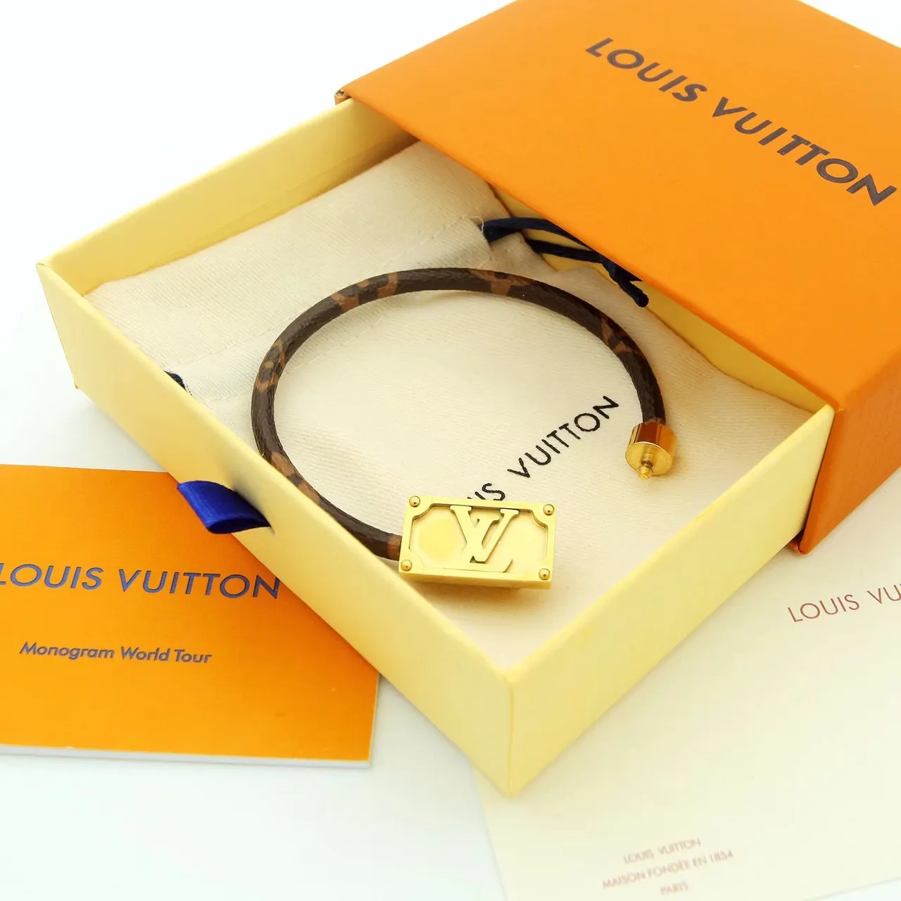 Louis Vuitton Monogram Leather Bracelet Brown Gold Woven Strap LV-Engraved Clasp Bracelet 2