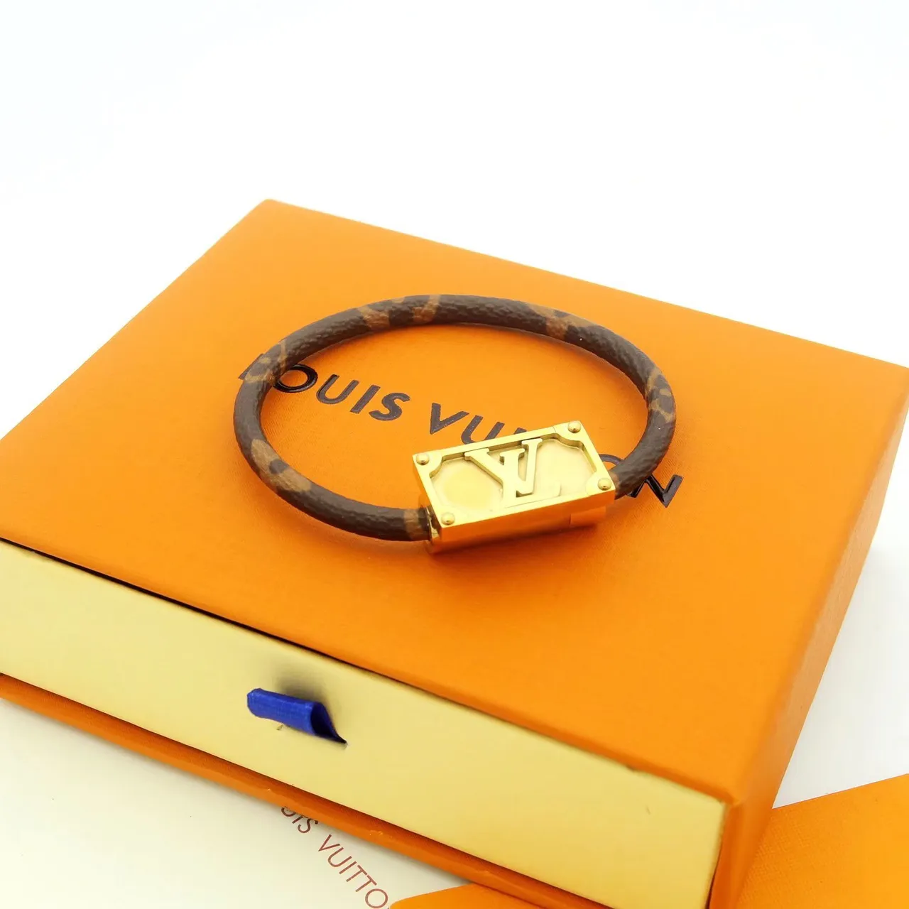 Louis Vuitton Monogram Leather Bracelet Brown Gold Woven Strap LV-Engraved Clasp Bracelet 3