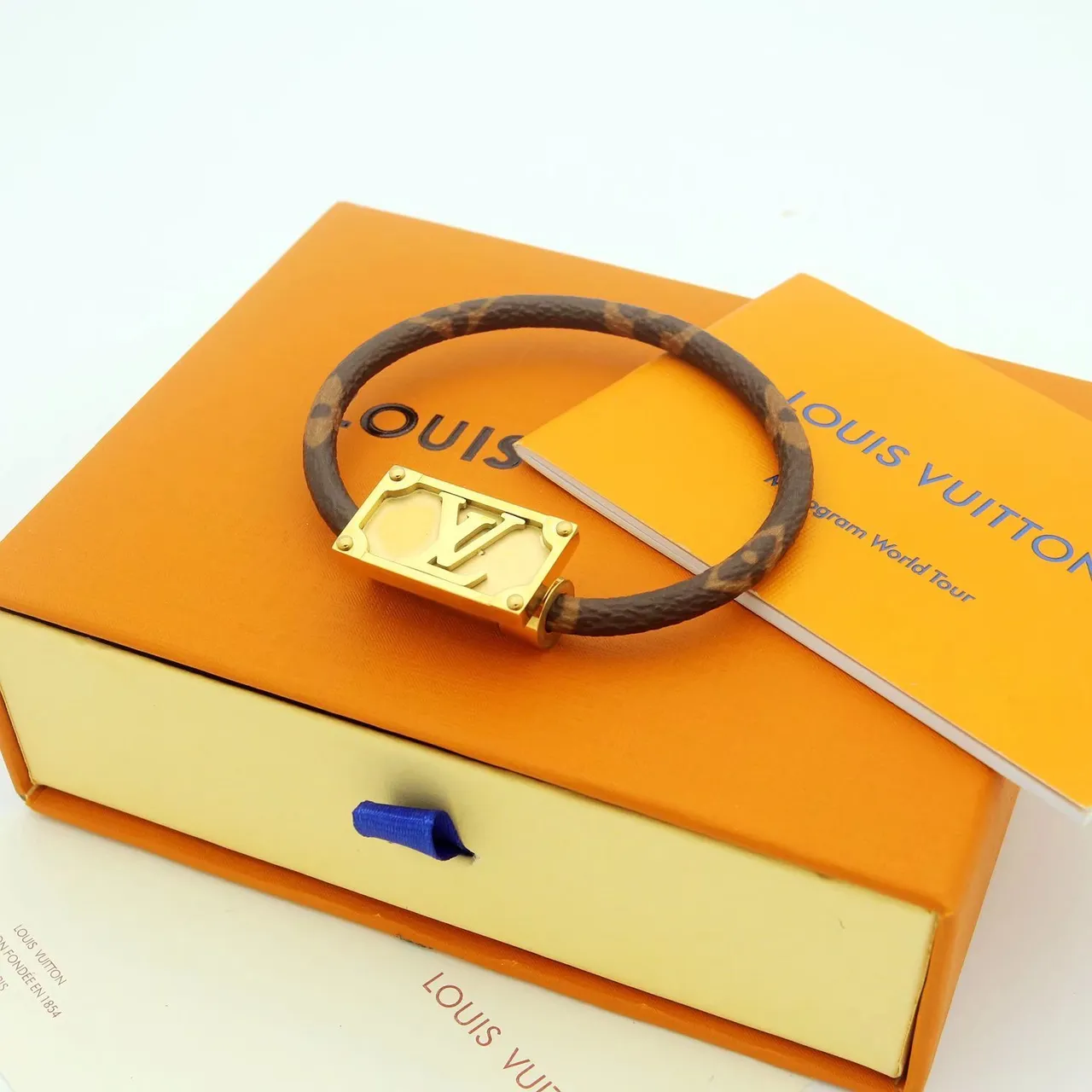 Louis Vuitton Monogram Leather Bracelet Brown Gold Woven Strap LV-Engraved Clasp Bracelet 4