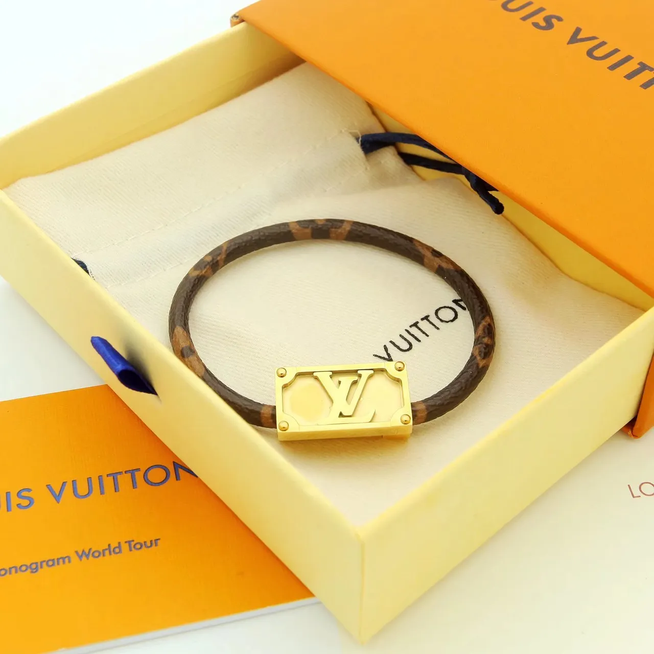 Louis Vuitton Monogram Leather Bracelet Brown Gold Woven Strap LV-Engraved Clasp Bracelet 5