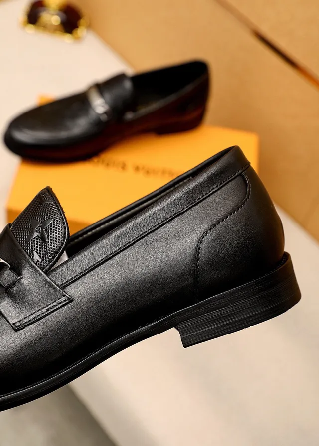 Louis Vuitton Monogram Loafer Black Leather Metal Strap Loafers 7