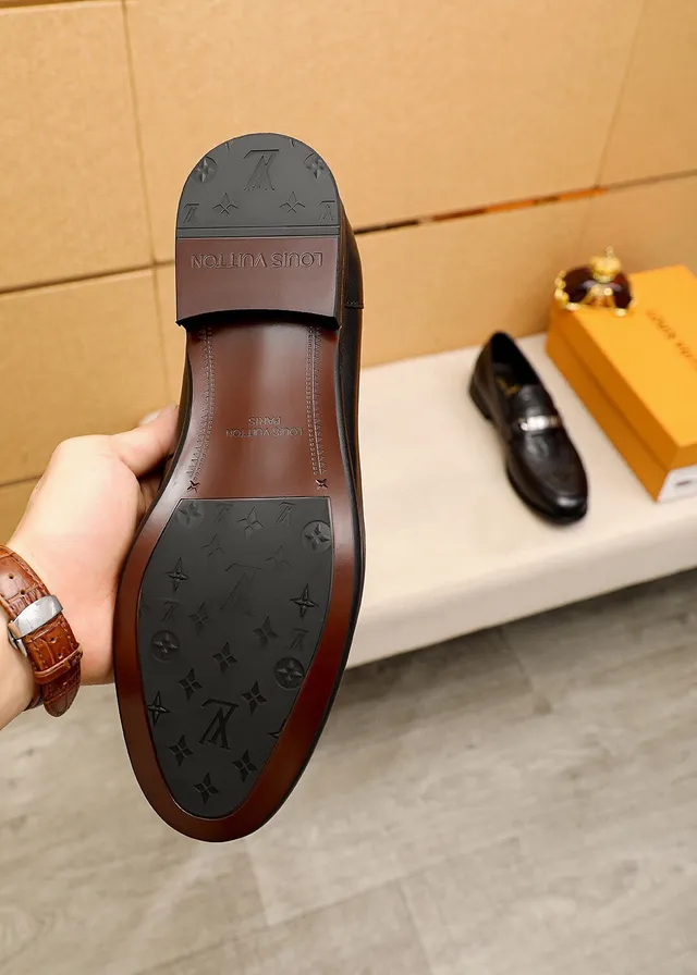 Louis Vuitton Monogram Loafer Black Leather Metal Strap Loafers 9