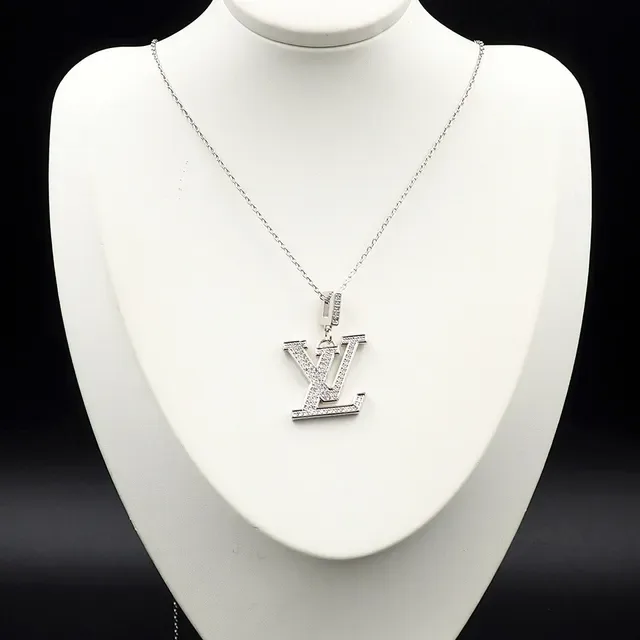 Louis Vuitton Monogram Pendant Silver White Pavé-Set Fine Curb-Link Chain Necklace 3