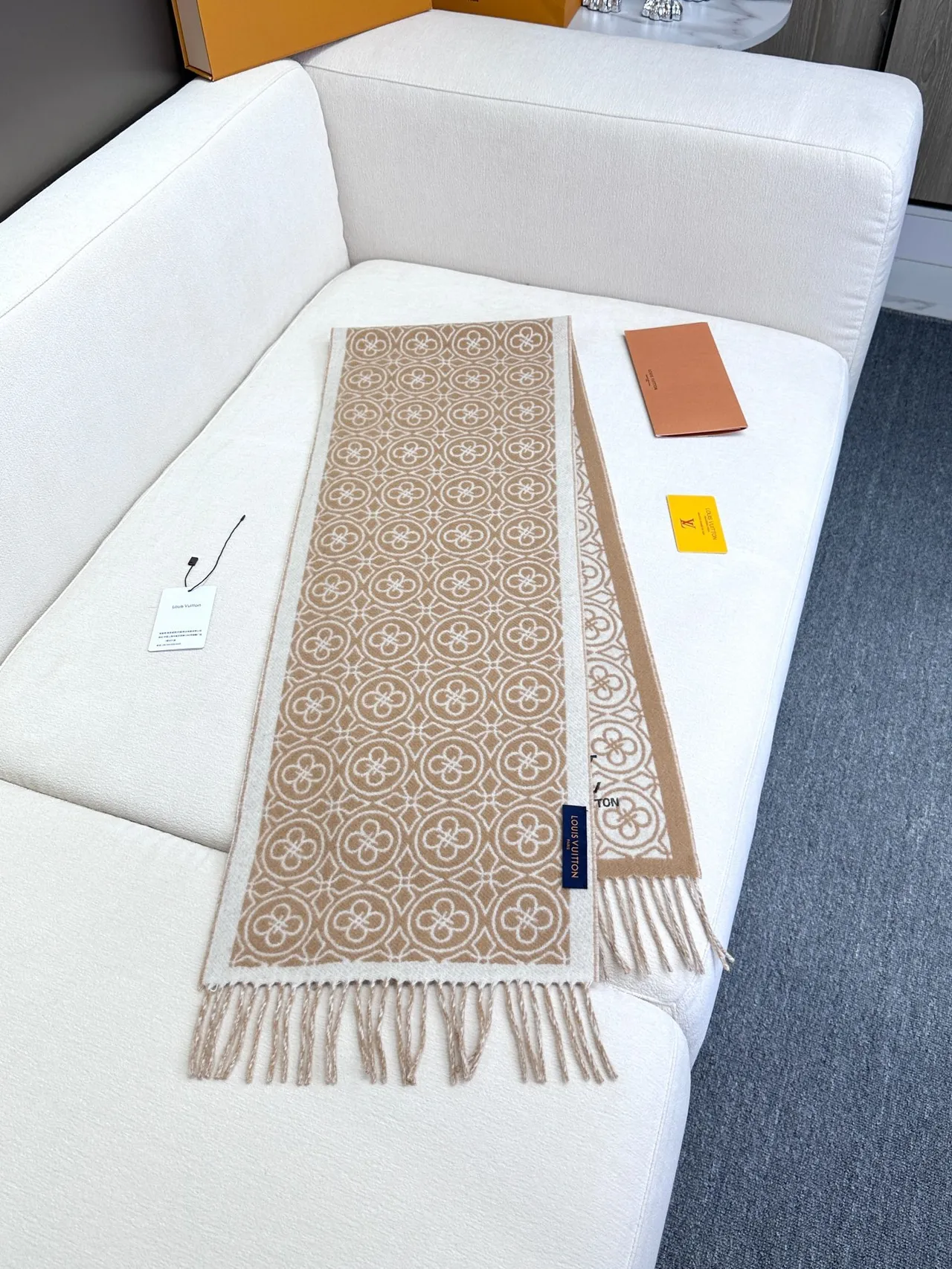 Louis Vuitton Monogram-Print Beige-on-Cream Woven Shawl 8