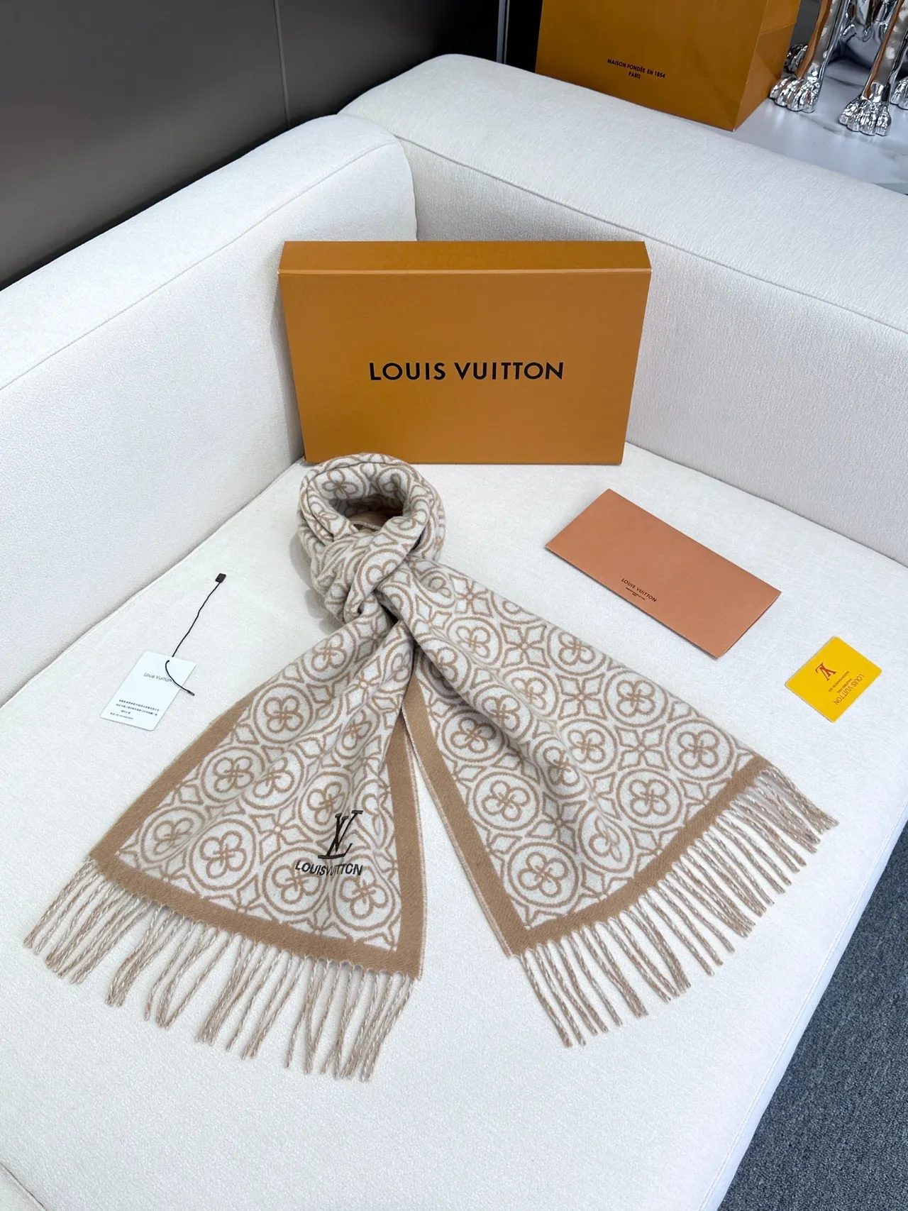 Louis Vuitton Monogram-Print Beige-on-Cream Woven Shawl 9