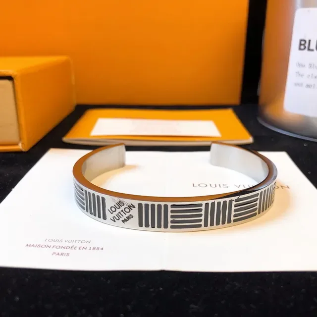Louis Vuitton Monogram Stripe Engraved Silver-Tone Cuff Bracelet 5