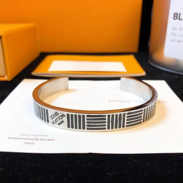 Louis Vuitton Monogram Stripe Engraved Silver-Tone Cuff Bracelet 7
