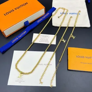 Louis Vuitton Monogram World Tour Gold Green Beaded Ball-Chain LV Charm Necklace