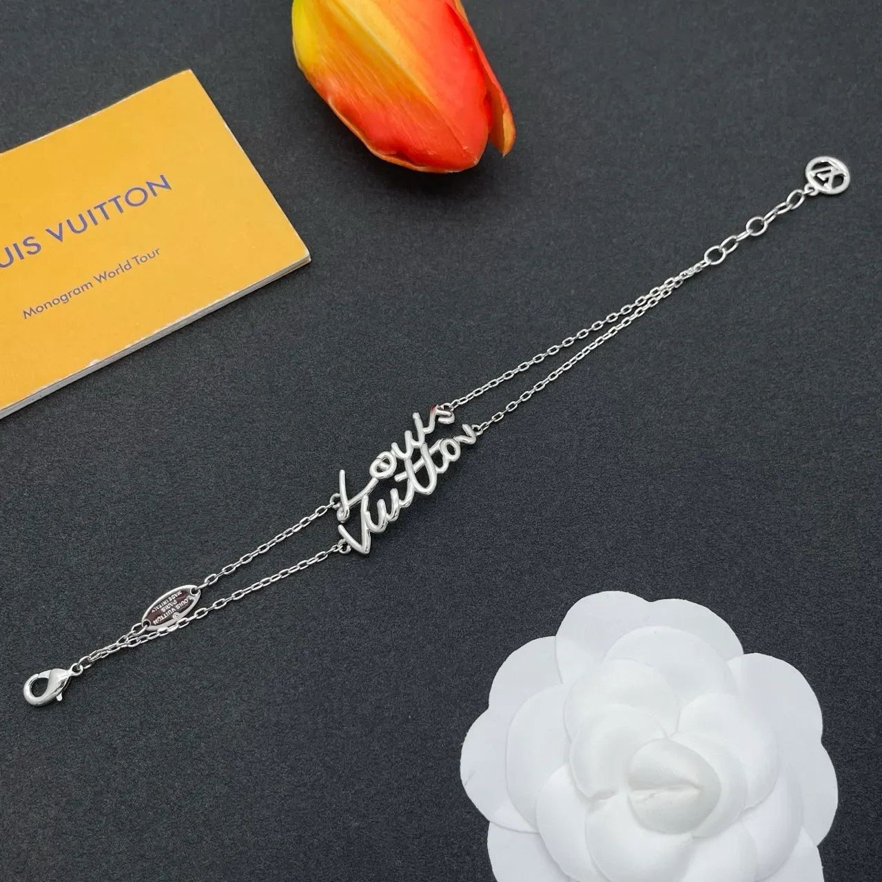 Louis Vuitton Monogram World Tour Script Pendant Silver Bracelet 7