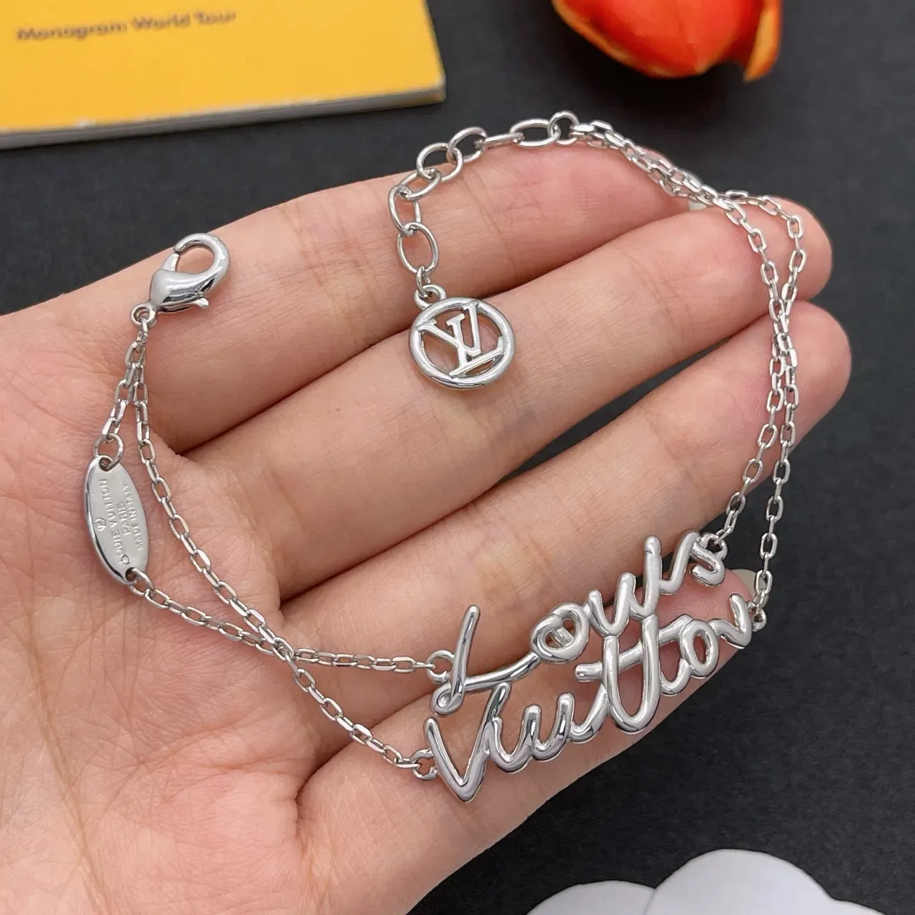 Louis Vuitton Monogram World Tour Script Pendant Silver Bracelet 8