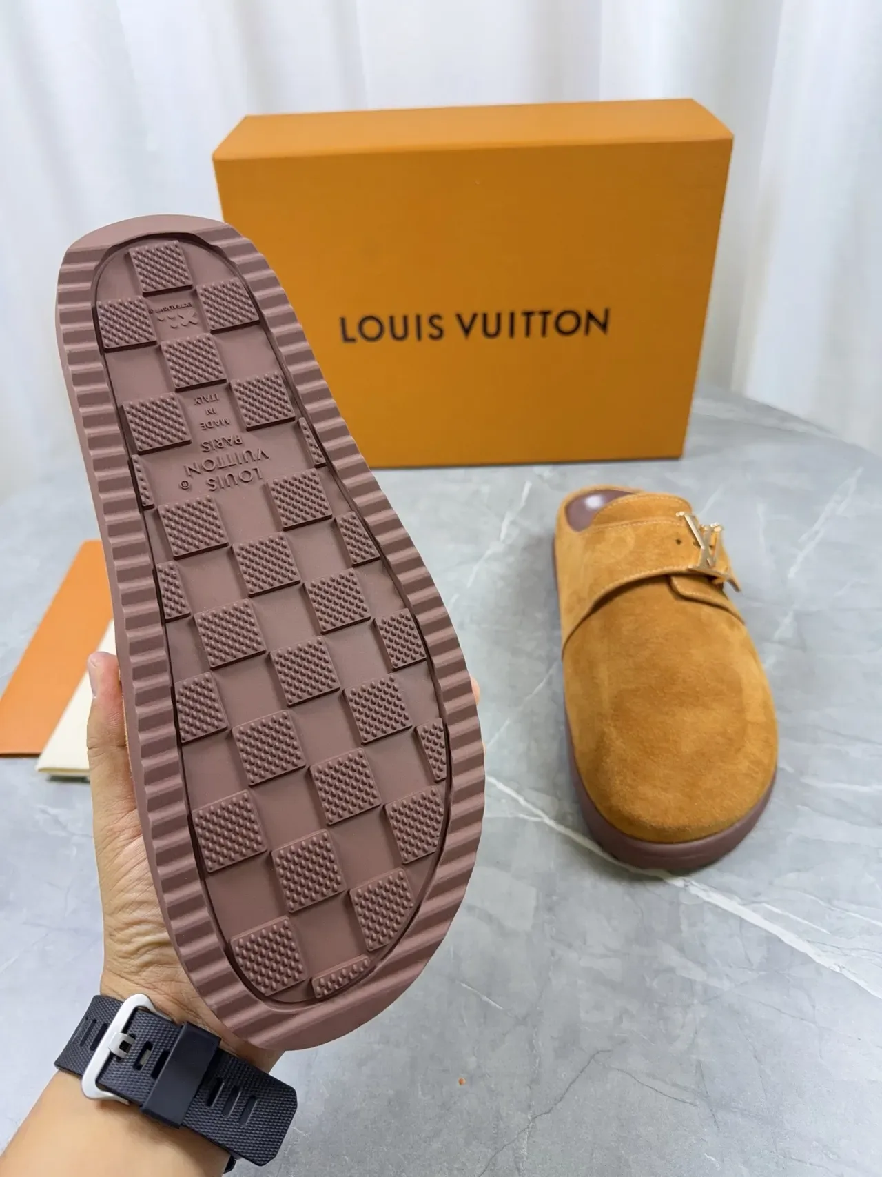 Louis Vuitton Mule Slipper Brown Gold Suede Upper LV Buckle Casual Shoes 2