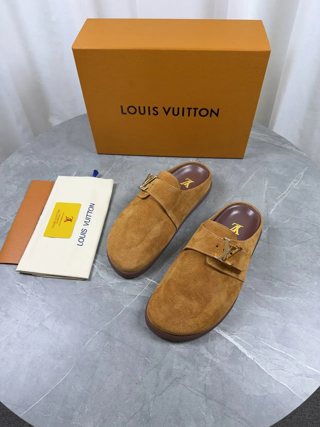 Louis Vuitton Mule Slipper Brown Gold Suede Upper LV Buckle Casual Shoes 3