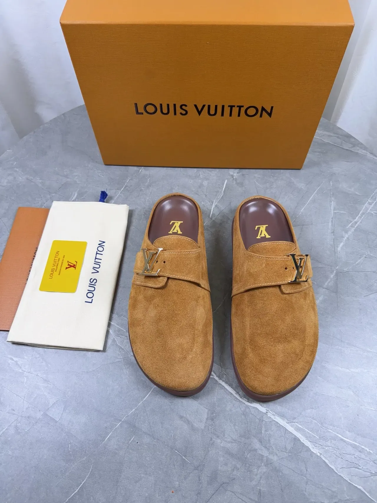 Louis Vuitton Mule Slipper Brown Gold Suede Upper LV Buckle Casual Shoes 4