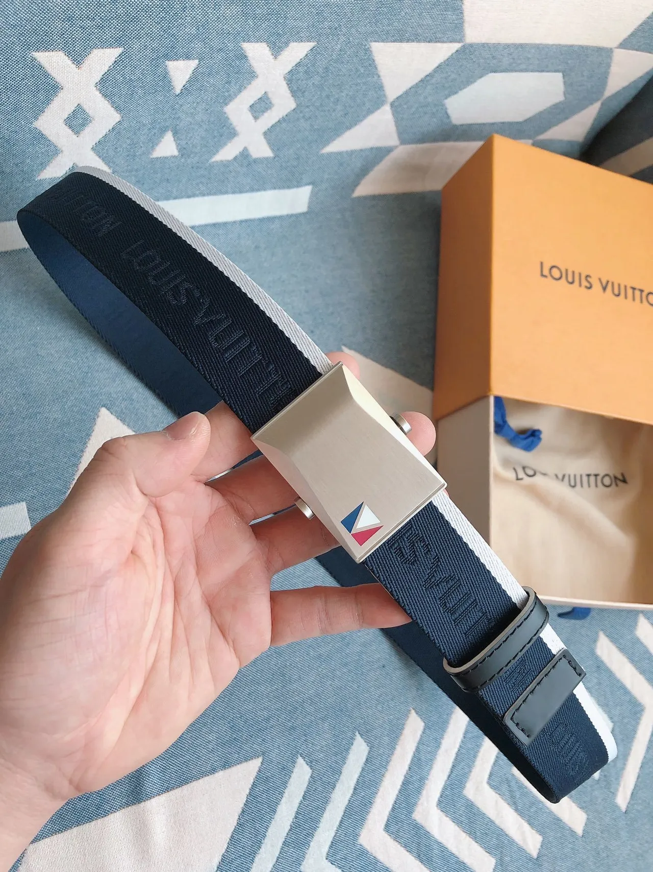 Louis Vuitton Navy Blue Woven Nylon Strap Brushed Metal Buckle Canvas Belt 3