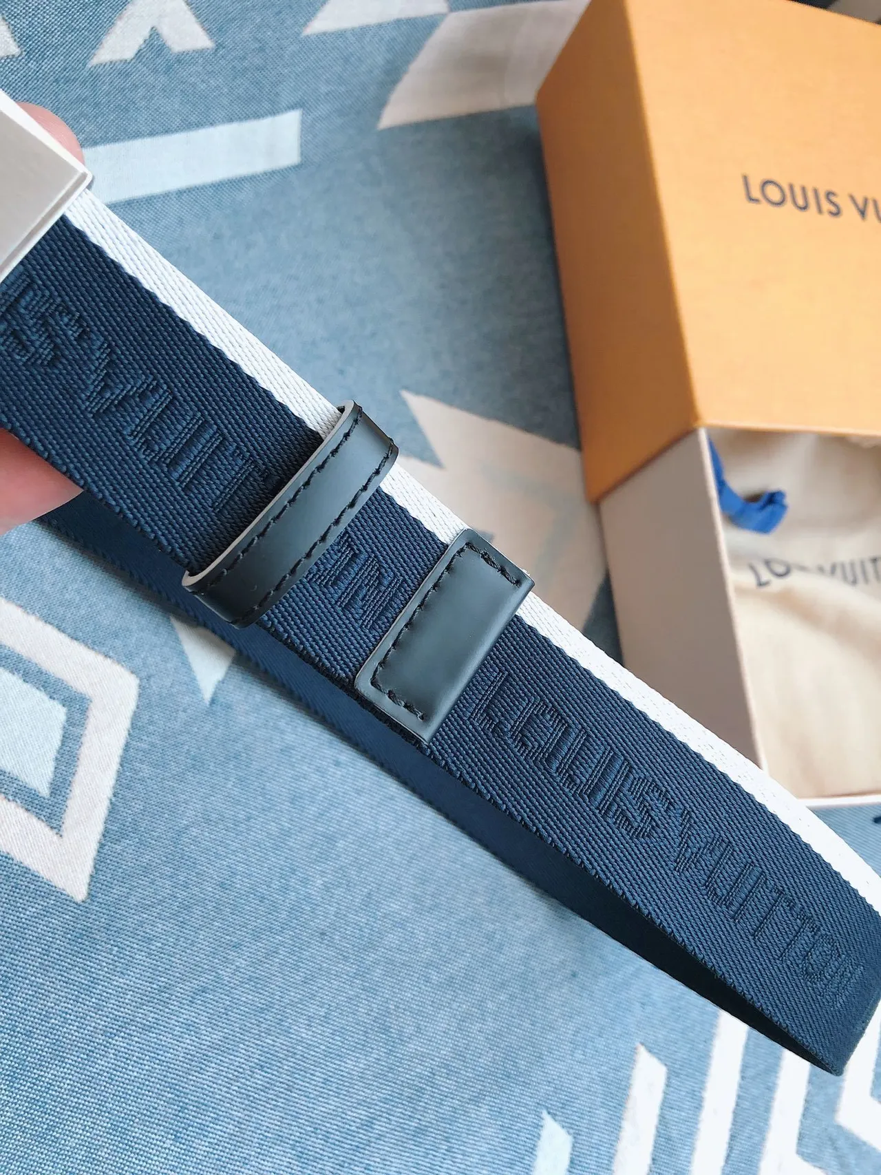 Louis Vuitton Navy Blue Woven Nylon Strap Brushed Metal Buckle Canvas Belt 5