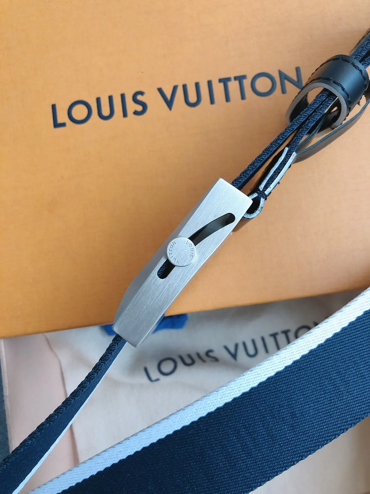 Louis Vuitton Navy Blue Woven Nylon Strap Brushed Metal Buckle Canvas Belt 6