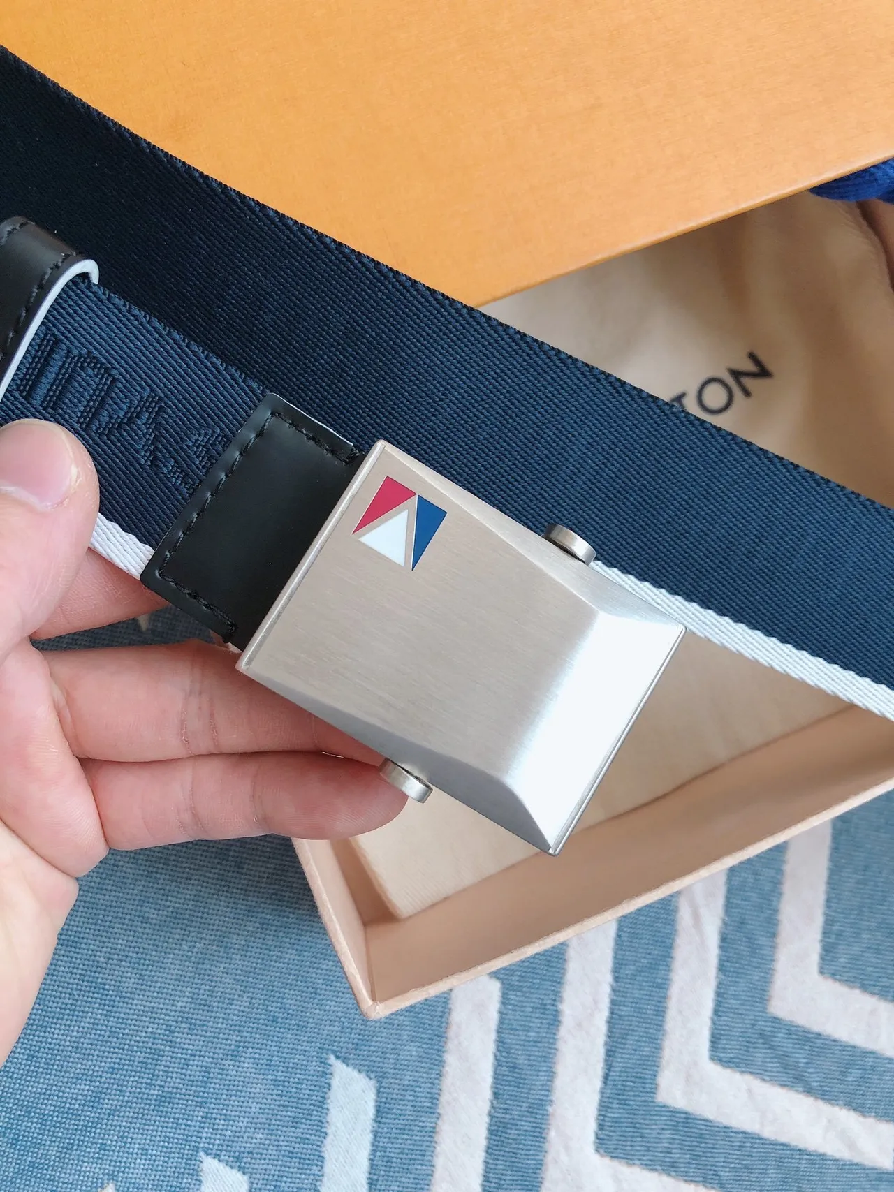 Louis Vuitton Navy Blue Woven Nylon Strap Brushed Metal Buckle Canvas Belt 9