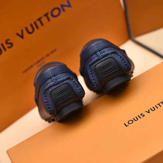Louis Vuitton Navy Gold Pebbled Leather LV Medallion Loafer 2
