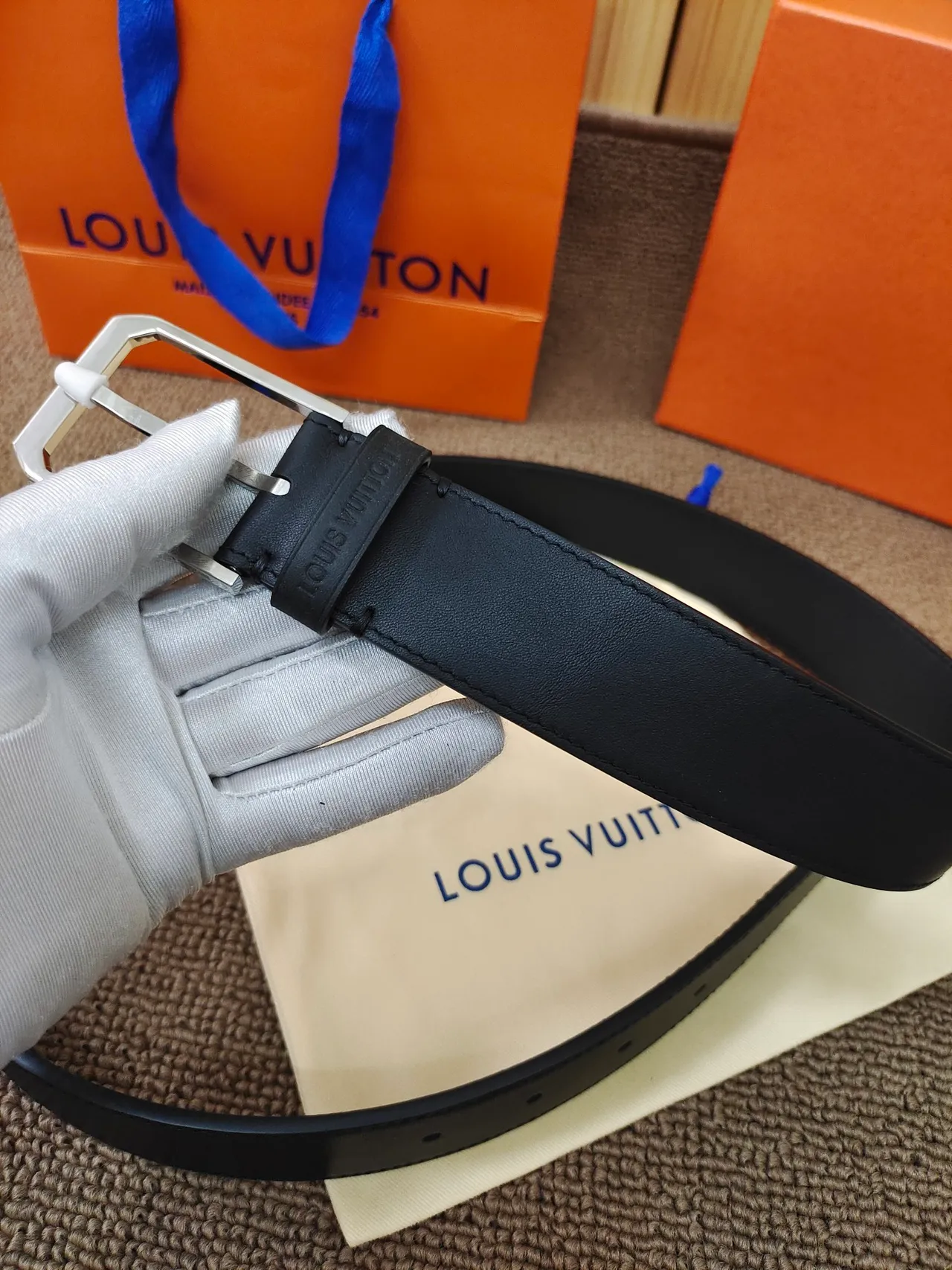 Louis Vuitton Navy Silver Smooth Polished Buckle Leather Belt 3
