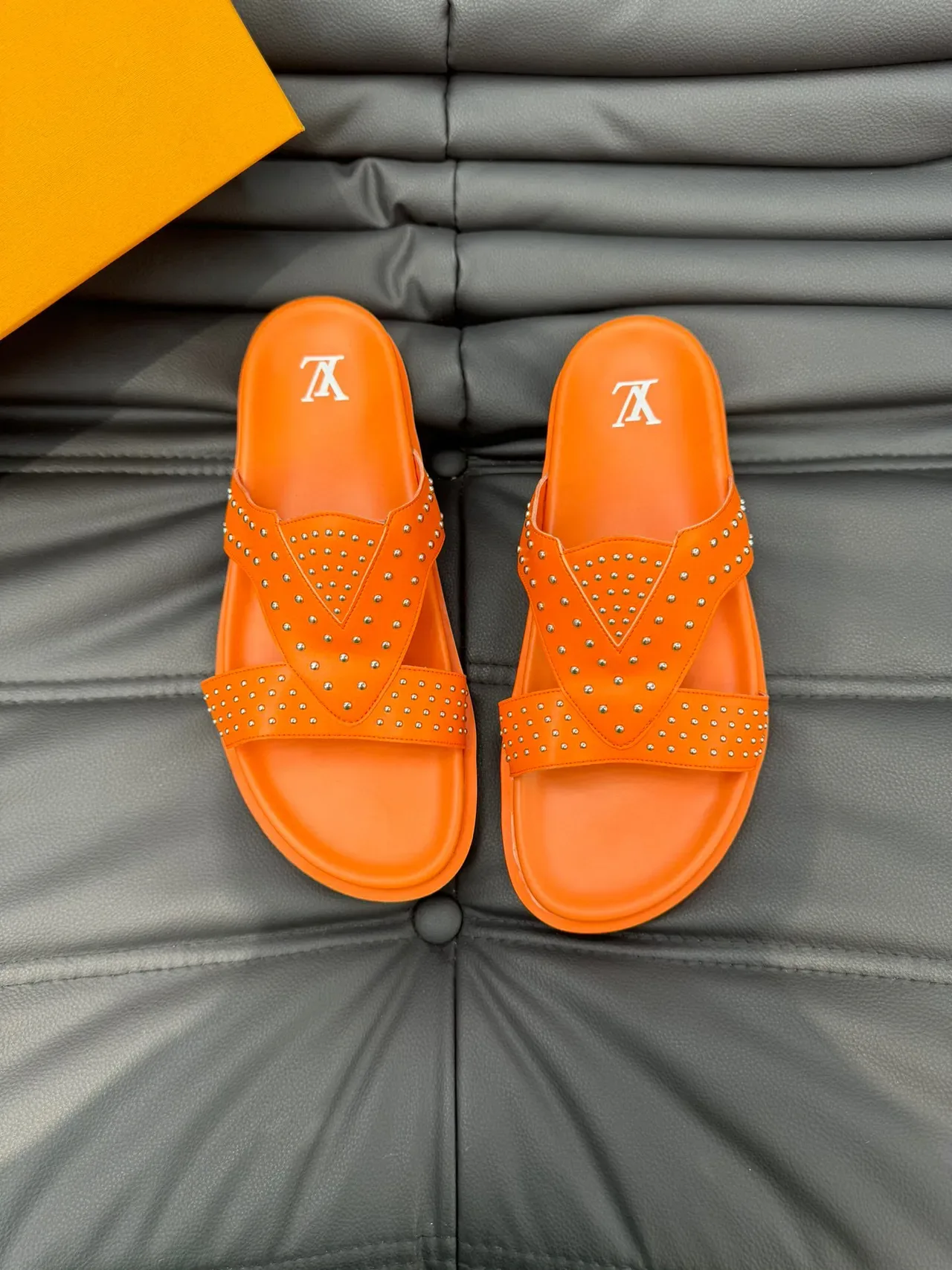 Louis Vuitton Orange Silver Studded Double-Strap Molded Rubber Sole Slippers 2