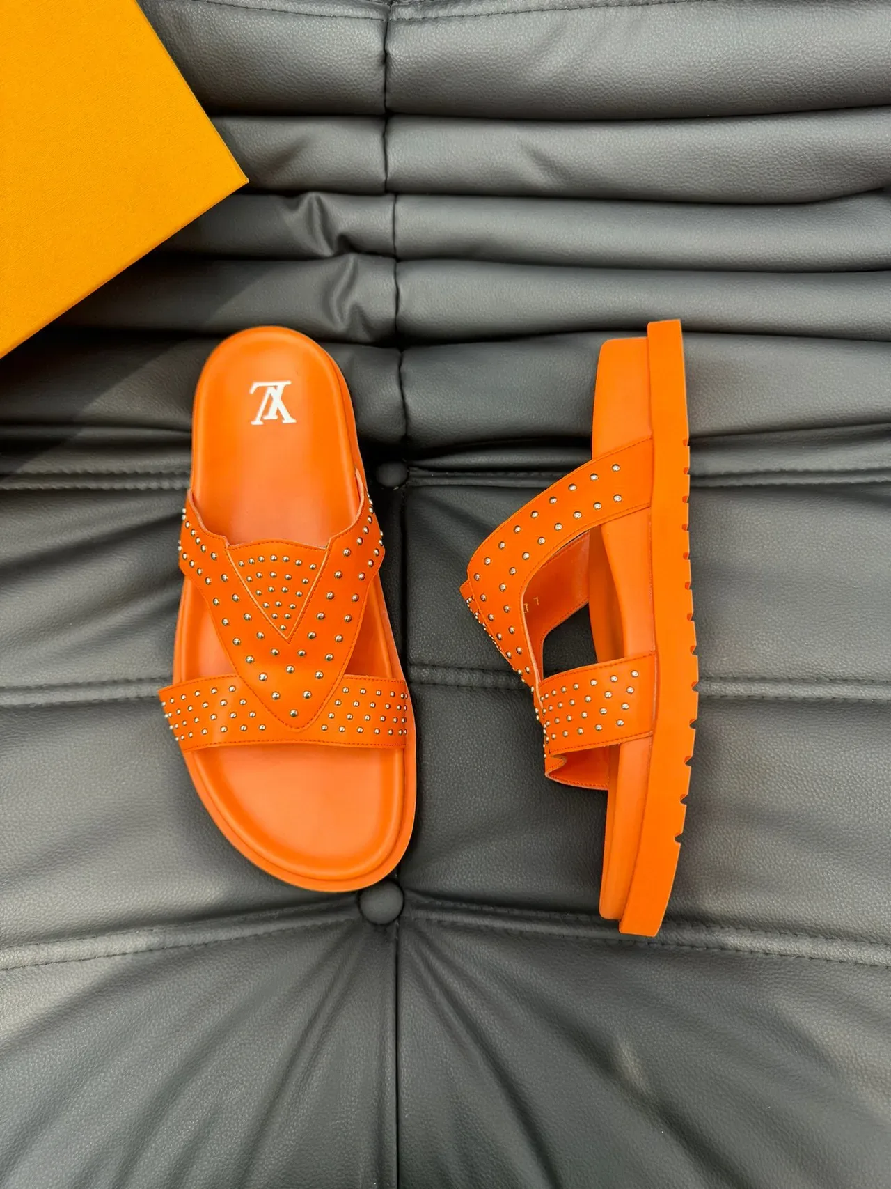 Louis Vuitton Orange Silver Studded Double-Strap Molded Rubber Sole Slippers 3