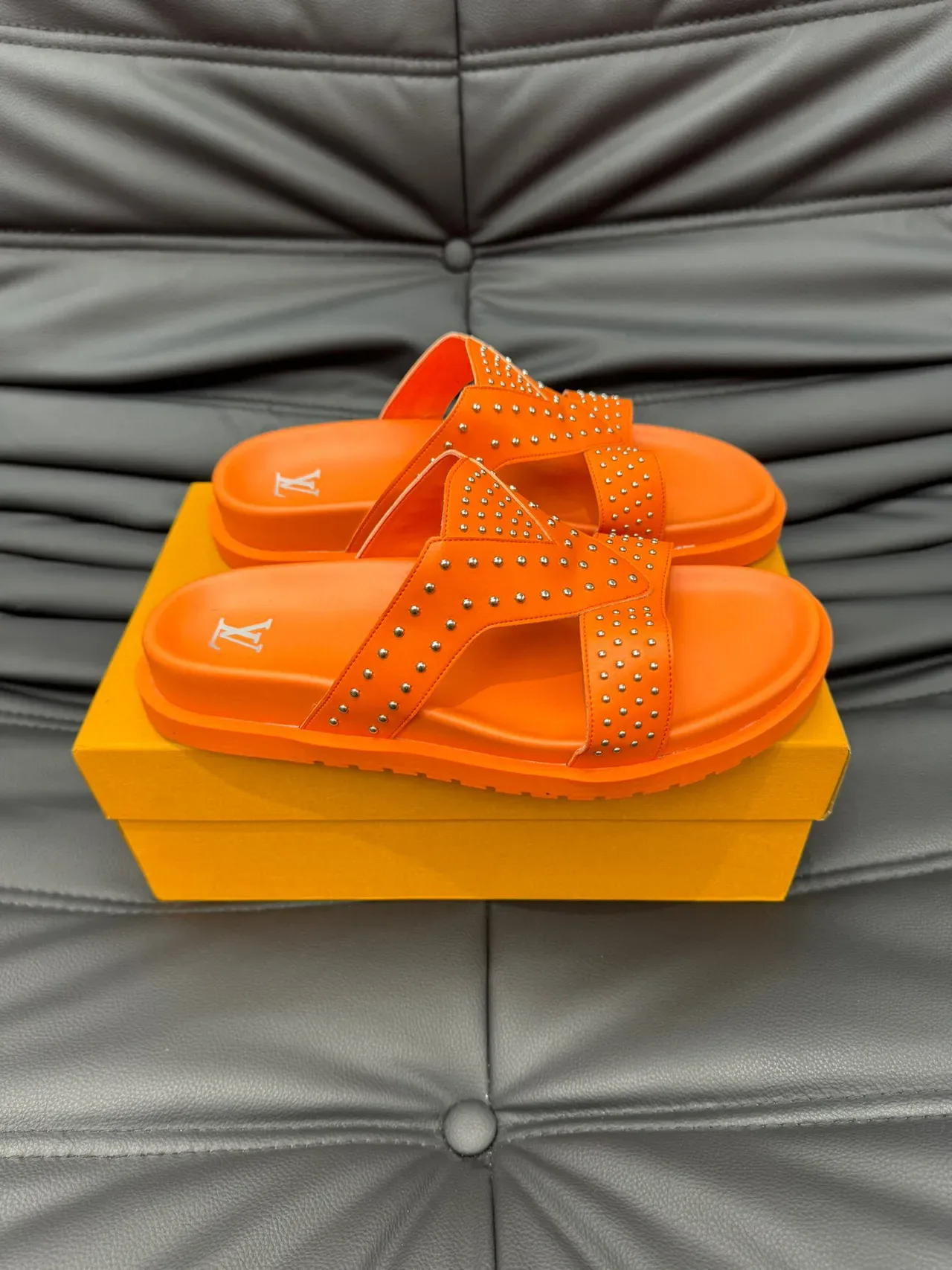 Louis Vuitton Orange Silver Studded Double-Strap Molded Rubber Sole Slippers 4