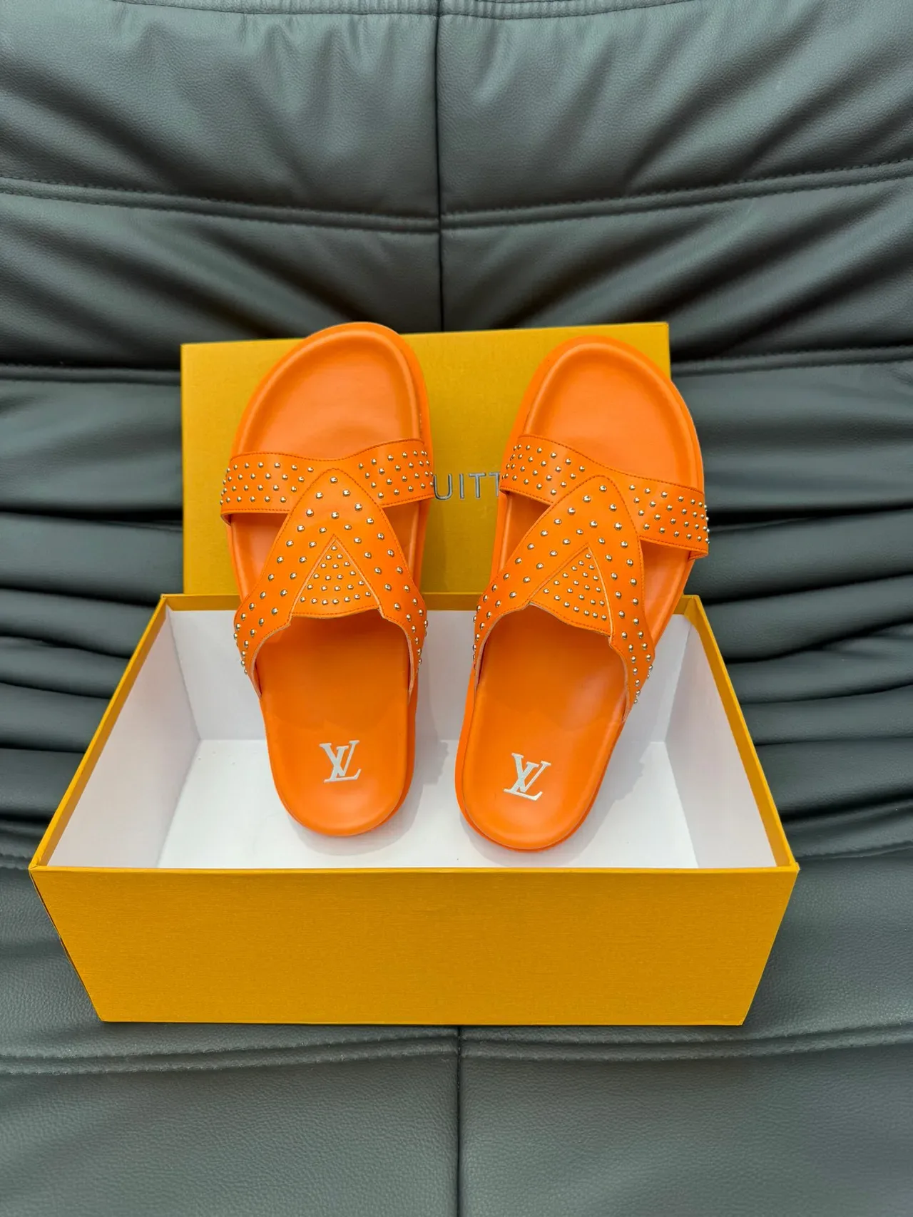 Louis Vuitton Orange Silver Studded Double-Strap Molded Rubber Sole Slippers 5