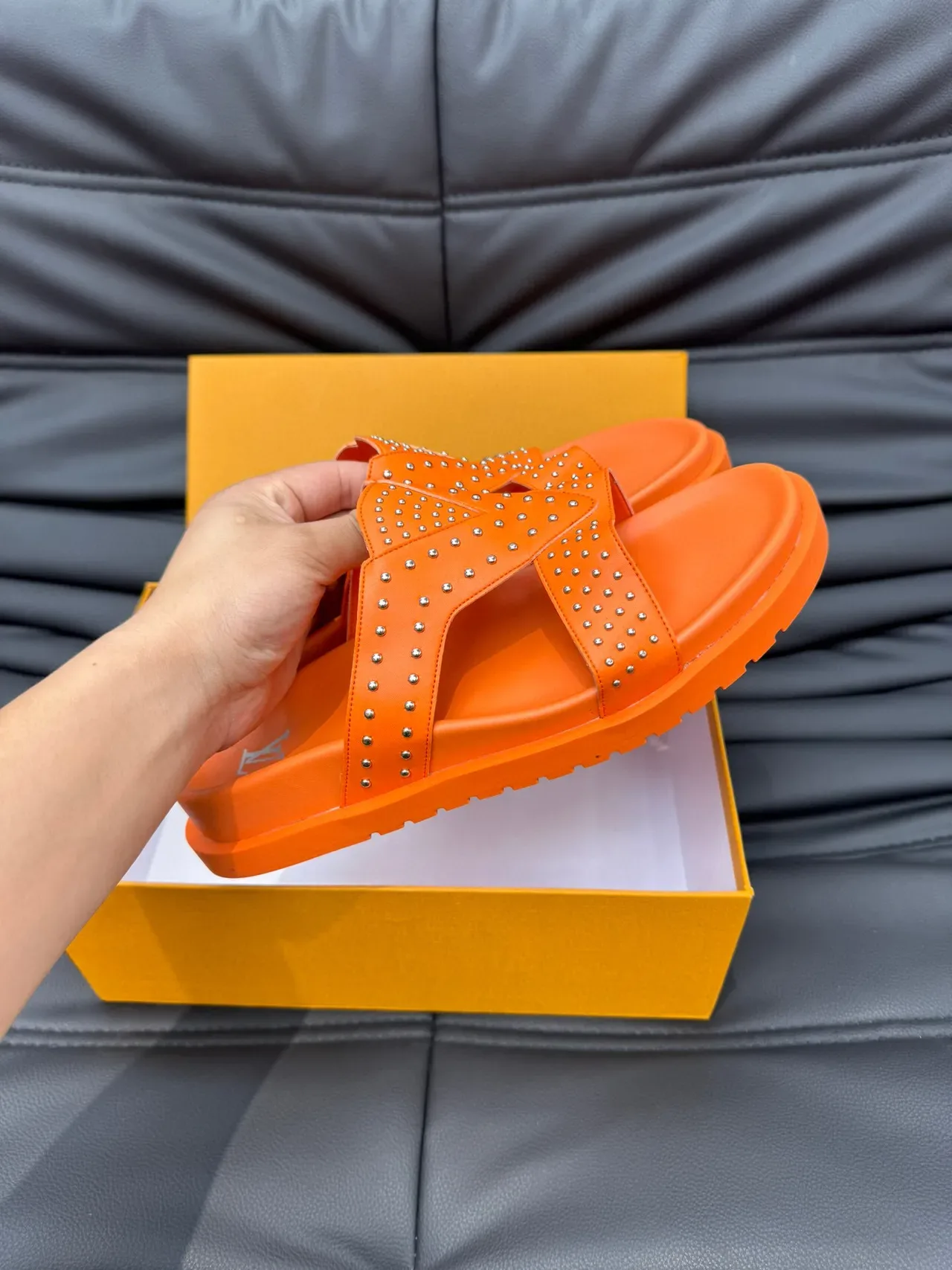 Louis Vuitton Orange Silver Studded Double-Strap Molded Rubber Sole Slippers 6