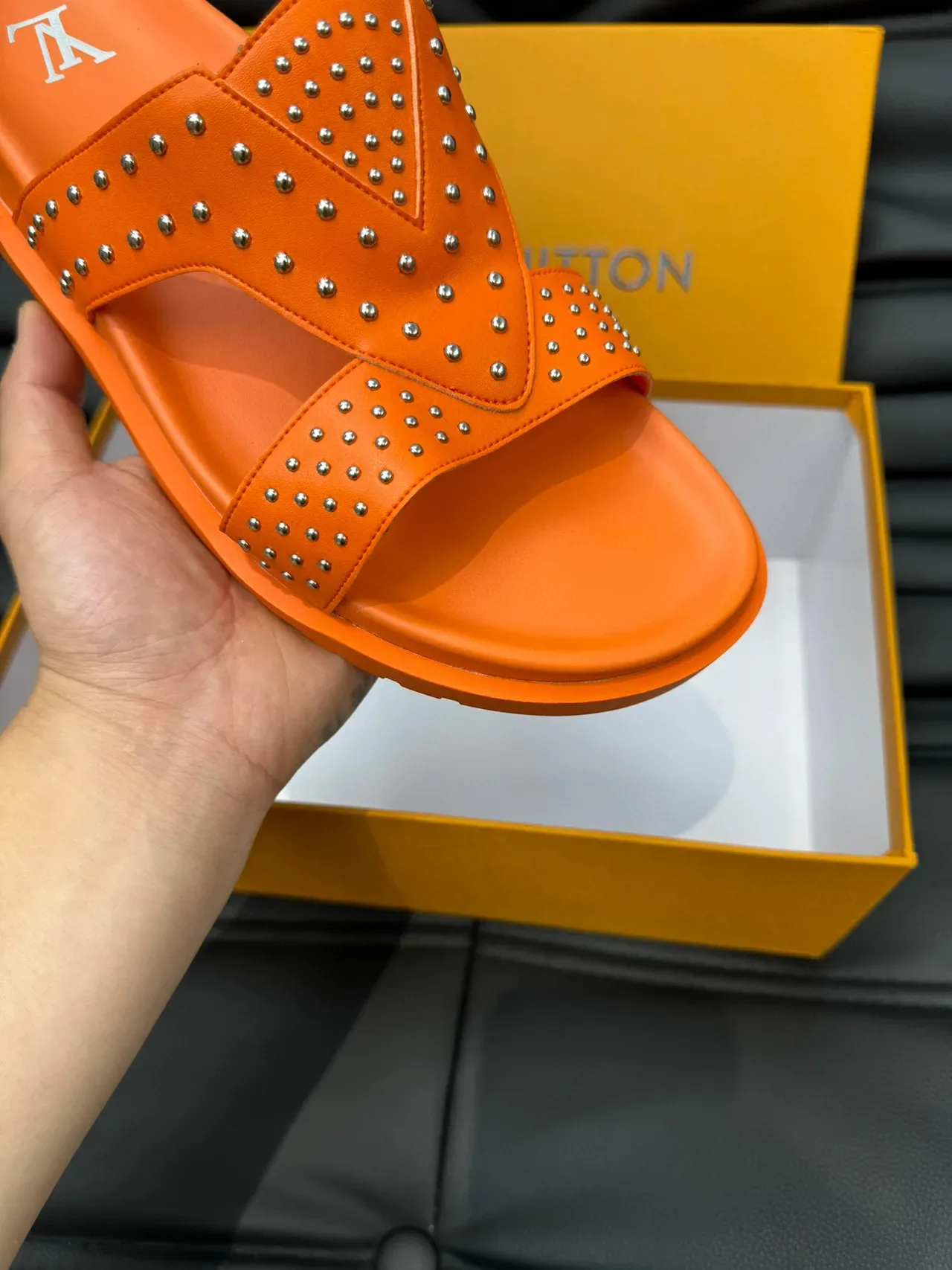 Louis Vuitton Orange Silver Studded Double-Strap Molded Rubber Sole Slippers 7