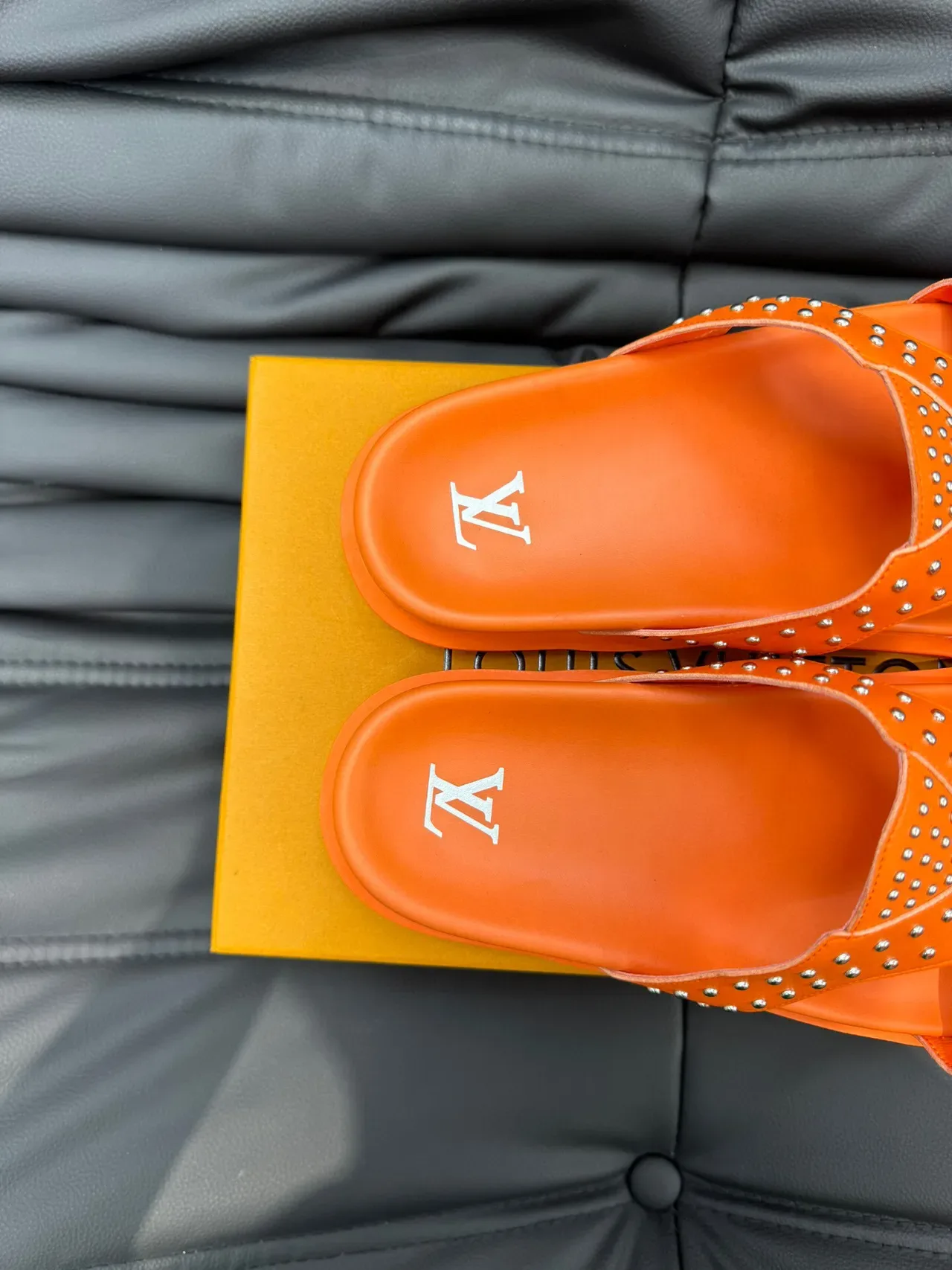 Louis Vuitton Orange Silver Studded Double-Strap Molded Rubber Sole Slippers 8