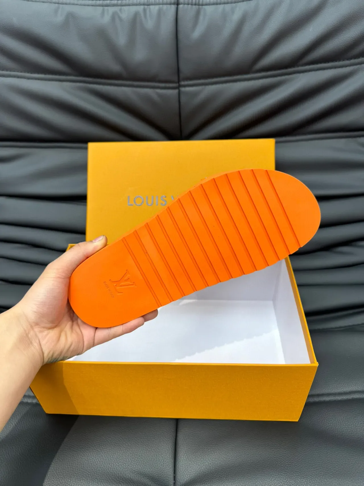 Louis Vuitton Orange Silver Studded Double-Strap Molded Rubber Sole Slippers 9