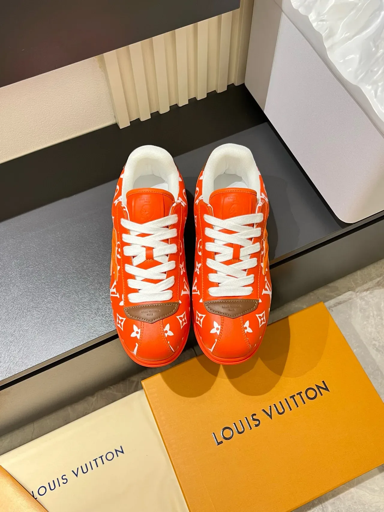 Louis Vuitton Orange White Monogram-Print Leather Bold Colorway Lifestyle Sneakers 2