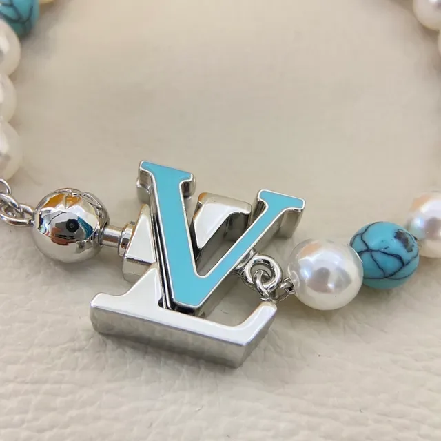 Louis Vuitton Pearl and Turquoise Beaded LV Monogram Bracelet 4